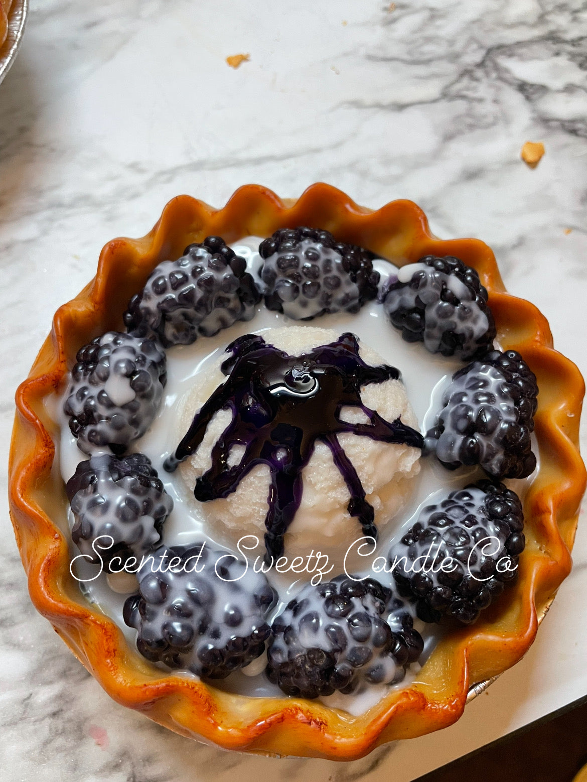 5” Sliceable Blackberry pie w/ melted ice cream (wax)